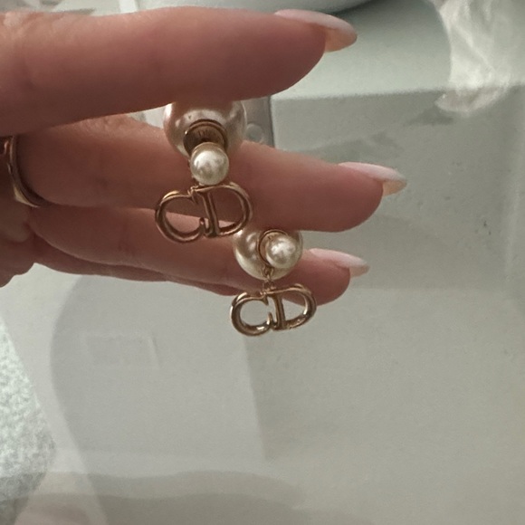 Authentic Dior Pearl Drop Earrings with Gold \'CD\' Logo